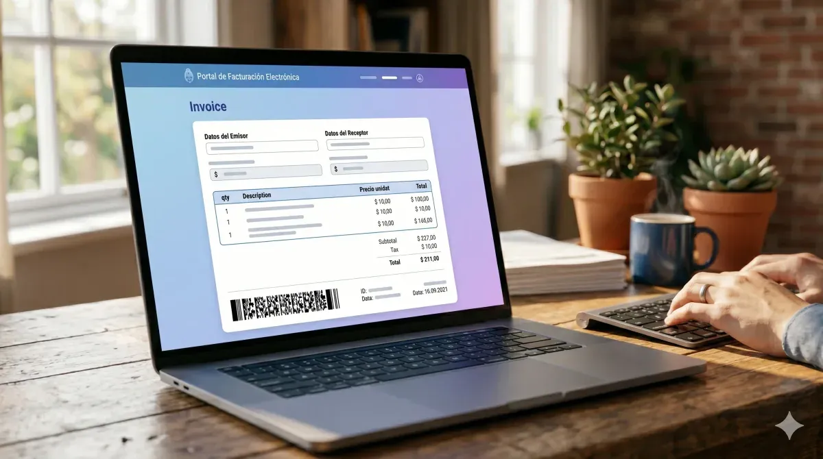 AFIP Factura Electrónica: notebook con una factura electrónica argentina abierta, mostrando el CAE de 14 dígitos al pie del comprobante
