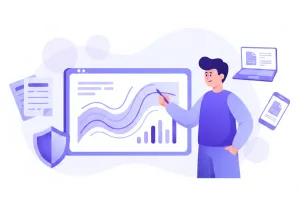 Ilustración vectorial de una persona comparando comisiones y rendimientos de AFORE Coppel