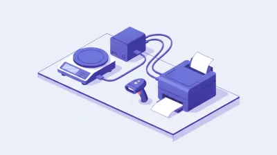 Ilustración de una mini PC de mostrador conectada por cables a una balanza, una impresora térmica y un lector de código de barras