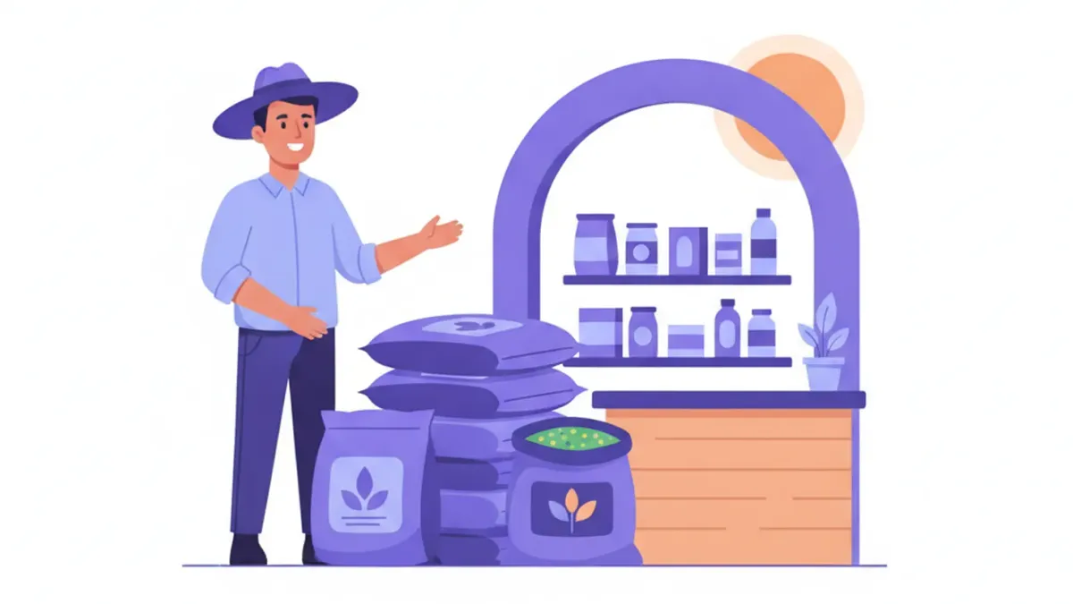 Ilustración de una agroveterinaria con bolsas de alimento, semillas y un productor