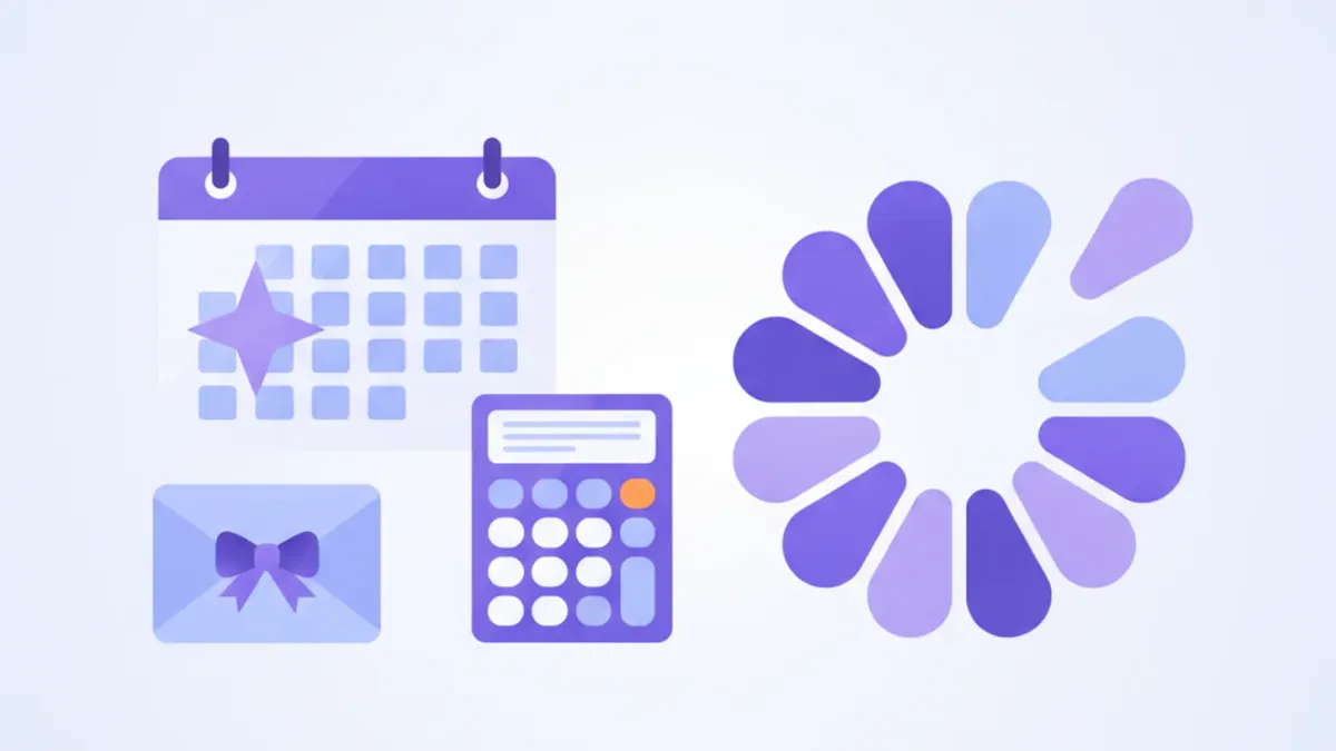 Ilustración de un calendario con una estrella, un sobre con moño, una calculadora y un gráfico circular dividido en doce partes