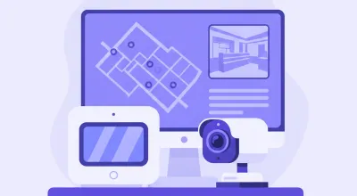 Ilustración de un panel de alarma junto a una cámara IP sobre el mostrador de un comercio, mostrando el mismo mapa de sensores y video en una pantalla