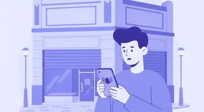 Ilustración de un dueño de comercio mirando en el celular el aviso de una alarma activada, con el local cerrado de fondo