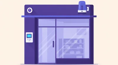 Ilustración de un local comercial de noche con sensores de movimiento, sirena y una central de alarma junto a la puerta de entrada