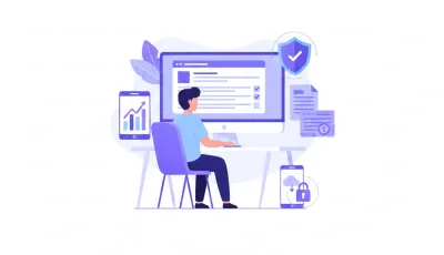 Ilustración vectorial de una persona completando el alta de monotributo en ARCA en una computadora, con íconos de documentos, escudo de seguridad y factura electrónica en estilo flat design violeta y azul