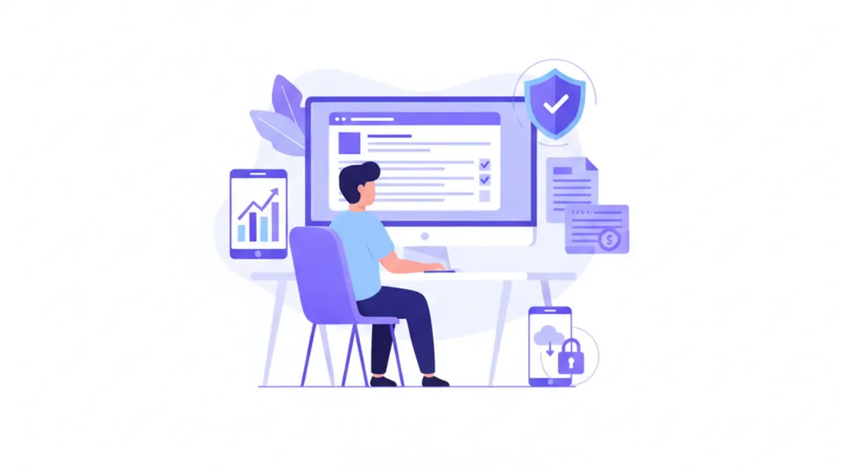 Ilustración vectorial de una persona completando el alta de monotributo en ARCA en una computadora, con íconos de documentos, escudo de seguridad y factura electrónica en estilo flat design violeta y azul