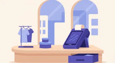 Ilustración de una terminal Point Smart de Mercado Pago sobre el mostrador de un comercio, imprimiendo un comprobante