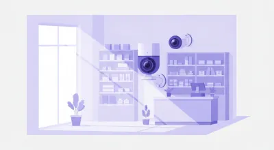 Ilustración de dos cámaras Tapo con base giratoria, una C200 y una C210, instaladas en el interior de un local comercial chico