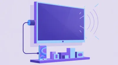 Ilustración de un Chromecast conectado por HDMI a un televisor en un comercio, con un celular cerca controlando el casteo del contenido