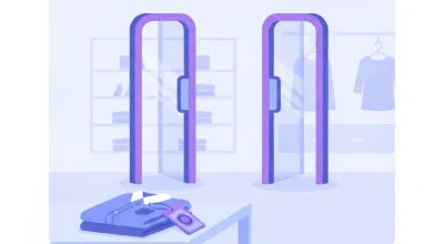 Ilustración de dos antenas antihurto EAS a cada lado de la puerta de salida de un local de ropa, con una etiqueta de seguridad sobre una prenda en primer plano