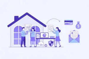 Ilustración flat de una casa particular con personas trabajando en el hogar, íconos de documentos, monedas en pesos uruguayos y escudo del BPS estilizado, en tonos violeta y azul