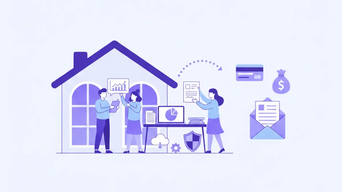 Ilustración flat de una casa particular con personas trabajando en el hogar, íconos de documentos, monedas en pesos uruguayos y escudo del BPS estilizado, en tonos violeta y azul