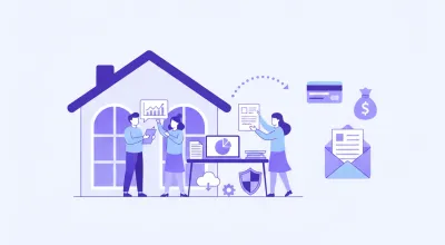 Ilustración flat de una casa particular con personas trabajando en el hogar, íconos de documentos, monedas en pesos uruguayos y escudo del BPS estilizado, en tonos violeta y azul