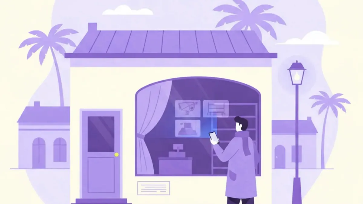 Ilustración de un celular mostrando una grilla de cámaras en vivo, rodeado de los íconos de cinco apps distintas de videovigilancia