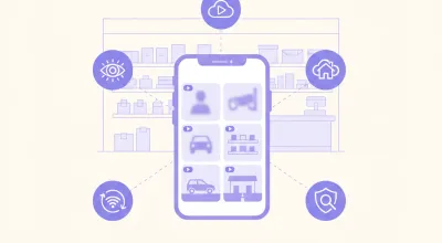Ilustración de un celular mostrando una grilla de cámaras en vivo, rodeado de los íconos de cinco apps distintas de videovigilancia