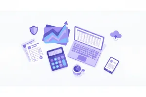 Escritorio de oficina con calculadora, gráficos y documentos de impuestos provinciales sobre Ingresos Brutos