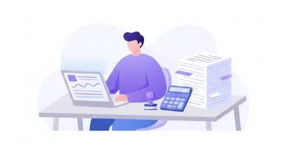 Contador en un escritorio con una notebook, una pila de documentos, un sello y una calculadora