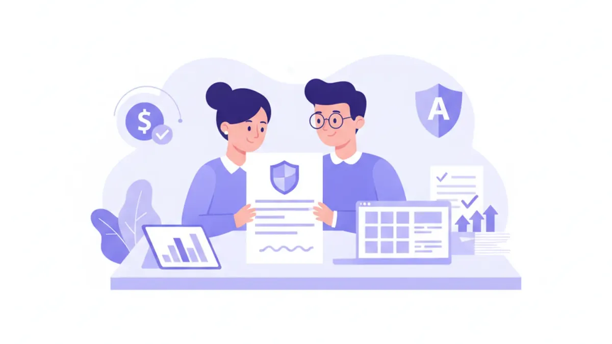 Empleador y trabajador revisando documentación de cobertura de riesgos del trabajo en una oficina
