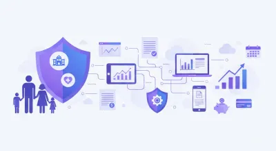 Ilustración vectorial de una familia uruguaya recibiendo beneficios del BPS, con íconos de educación y salud en tonos violeta y azul