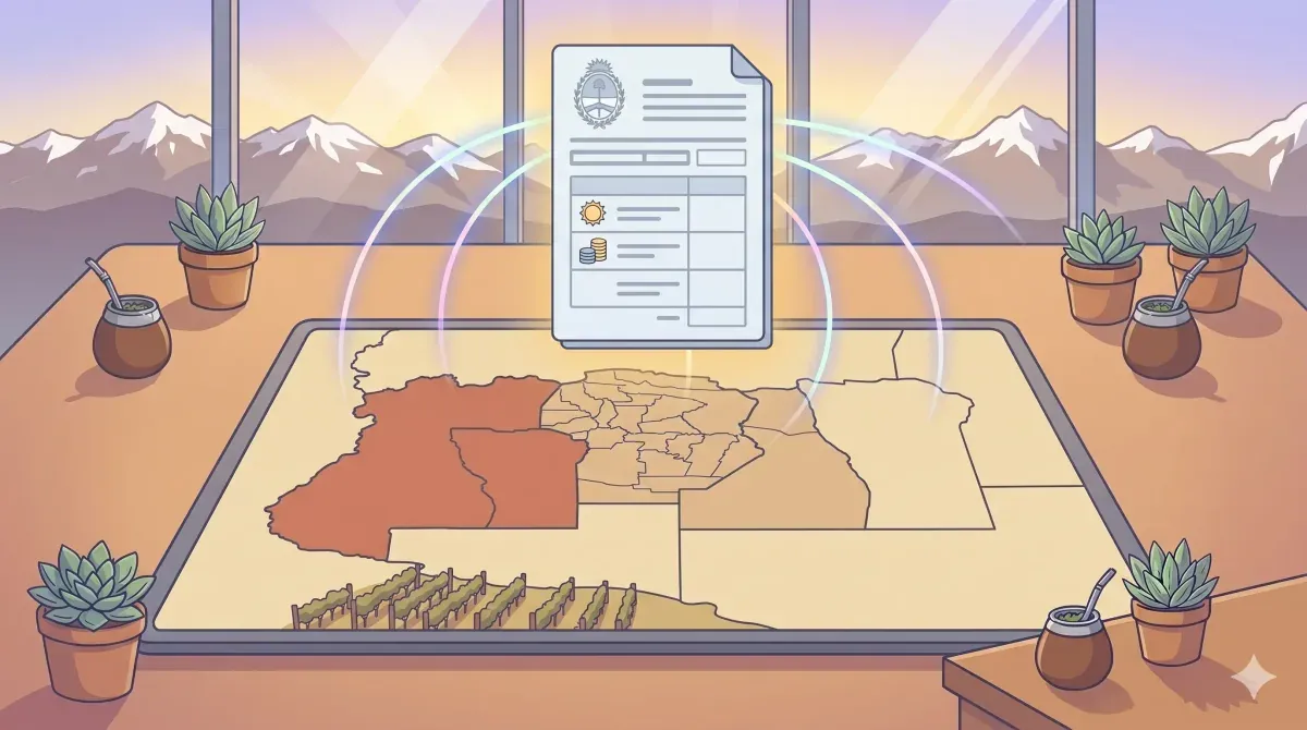 Mapa de la provincia de Mendoza con la cordillera de los Andes al fondo y el portal ATM en un dispositivo