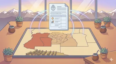 Mapa de la provincia de Mendoza con la cordillera de los Andes al fondo y el portal ATM en un dispositivo