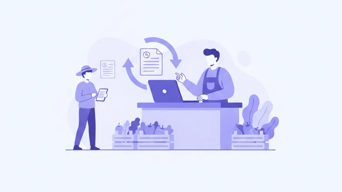 Ilustración de un comerciante que registra en su computadora la compra de productos a un pequeño productor rural