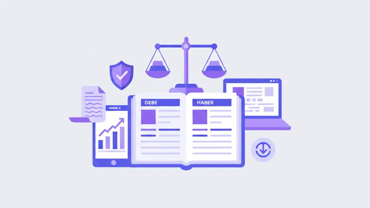 Ilustración de un balance de sumas y saldos con columnas de debe y haber, balanza equilibrada y libro mayor contable