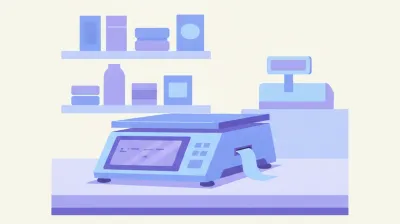 Ilustración de una balanza comercial digital con impresora de etiquetas sobre el mostrador de un almacén de barrio