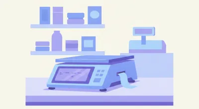 Ilustración de una balanza comercial digital con impresora de etiquetas sobre el mostrador de un almacén de barrio