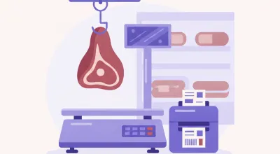 Ilustración de una balanza con impresora de etiquetas imprimiendo una etiqueta de precio con código PLU en una carnicería