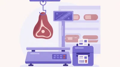 Ilustración de una balanza con impresora de etiquetas imprimiendo una etiqueta de precio con código PLU en una carnicería