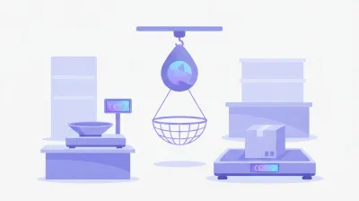 Ilustración comparando tres tipos de balanza: una de mostrador en un almacén, una colgante en un depósito y una de piso para pallets