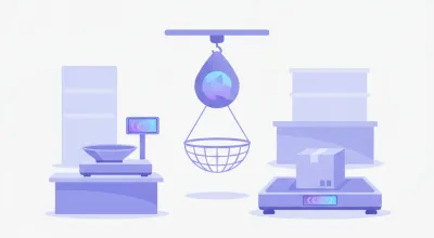 Ilustración comparando tres tipos de balanza: una de mostrador en un almacén, una colgante en un depósito y una de piso para pallets
