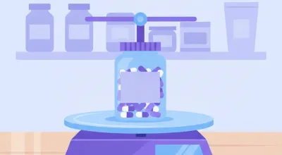 Ilustración de una balanza de precisión sobre el mostrador de una dietética pesando un frasco con suplementos