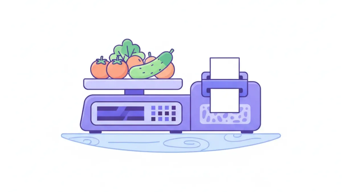 Ilustración de una balanza con impresora de etiquetas pesando verduras