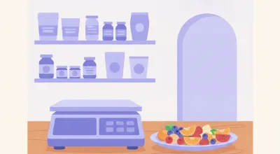 Ilustración de una balanza de precisión Ohaus junto a un plato de comida en el mostrador de una dietética