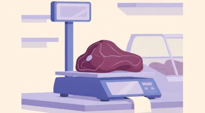 Ilustración de una balanza con impresora de etiquetas pesando un corte de carne sobre el mostrador de acero de una carnicería
