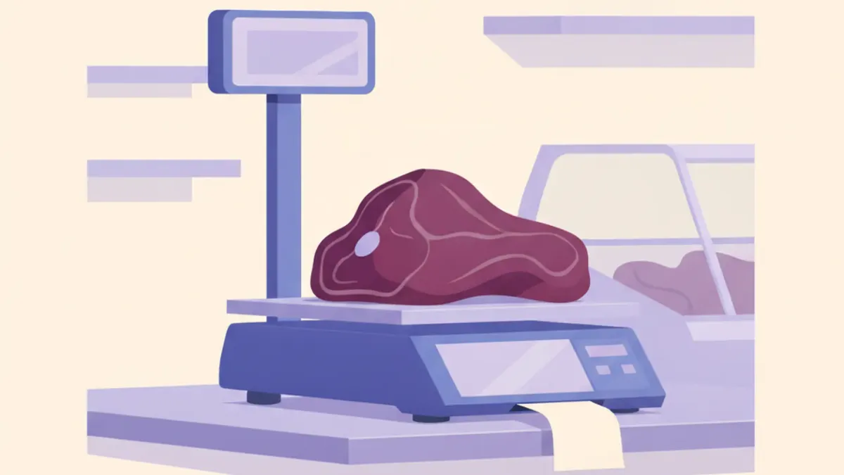 Ilustración de una balanza con impresora de etiquetas pesando un corte de carne sobre el mostrador de acero de una carnicería