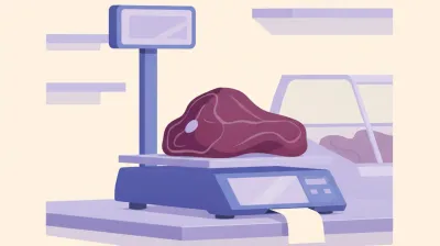 Ilustración de una balanza con impresora de etiquetas pesando un corte de carne sobre el mostrador de acero de una carnicería