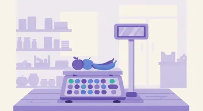 Ilustración de una balanza de verdulería con teclas rápidas para frutas y verduras sobre el mostrador de un almacén de barrio