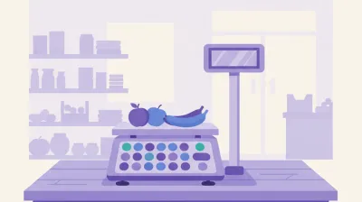 Ilustración de una balanza de verdulería con teclas rápidas para frutas y verduras sobre el mostrador de un almacén de barrio