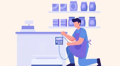 Ilustración de un empleado de comercio revisando el cable y el panel de una balanza Systel que no actualiza los precios