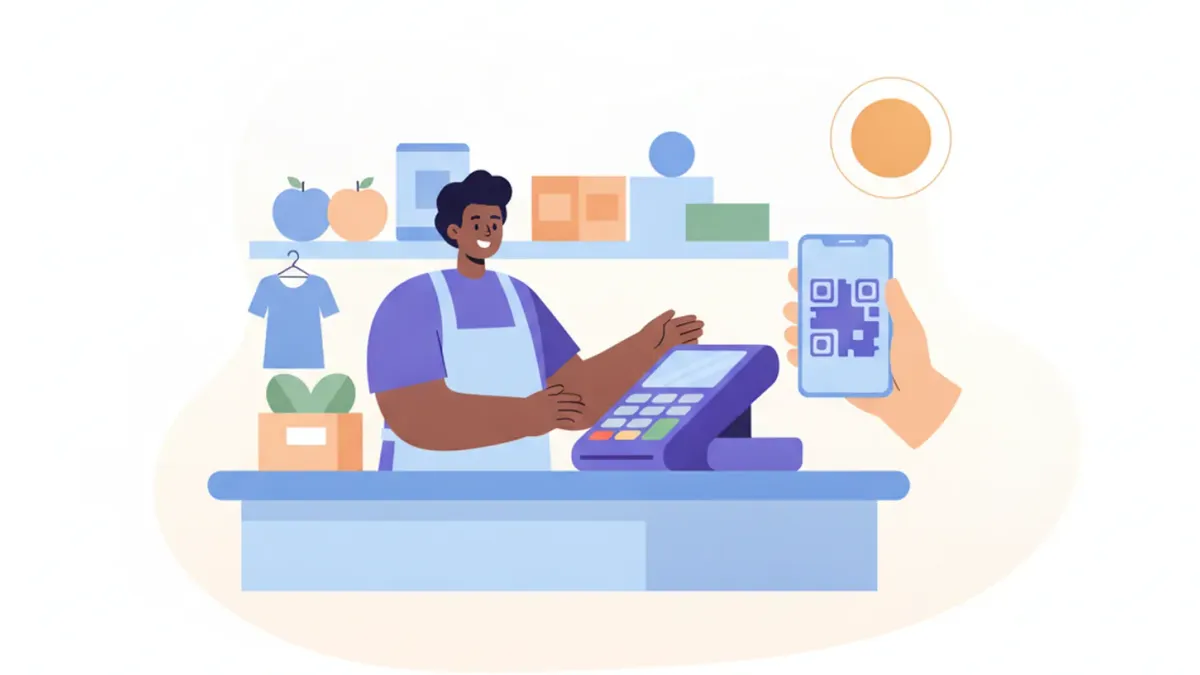 Ilustración de una terminal de pago con tarjeta, un celular con QR y un comercio