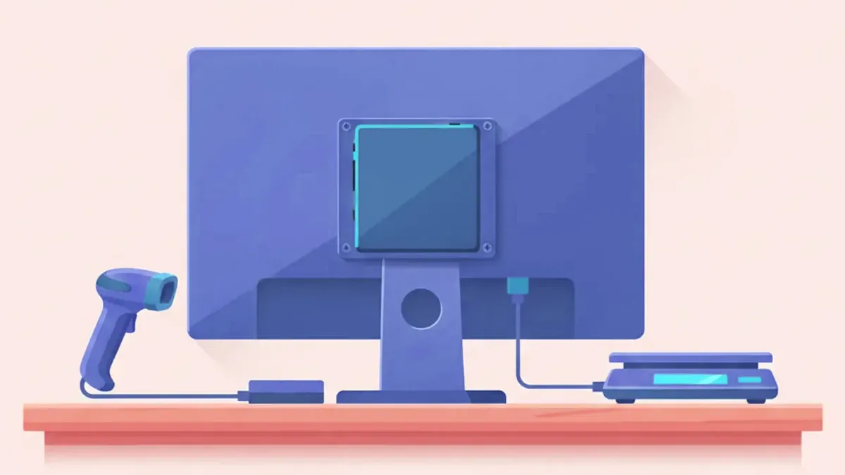 Ilustración de una mini PC Beelink atornillada detrás de un monitor en el mostrador de un comercio, con cables de lector y balanza conectados