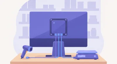 Ilustración de una mini PC Beelink atornillada detrás de un monitor en el mostrador de un comercio, con cables de lector y balanza conectados