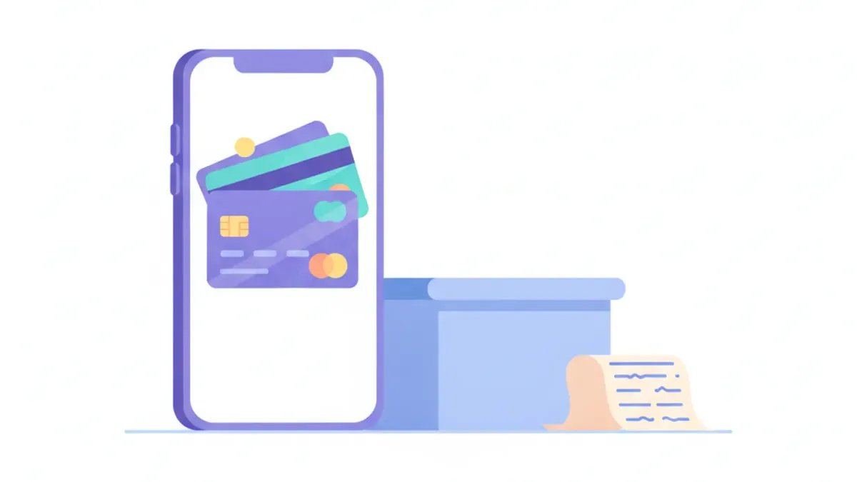 Ilustración de un celular con una billetera digital, monedas y un ticket de venta