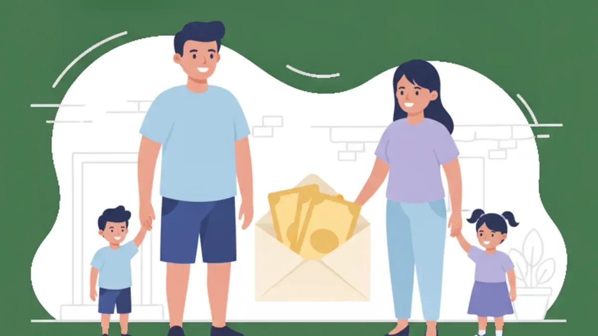 Ilustración de una familia con niños y un sobre con dinero