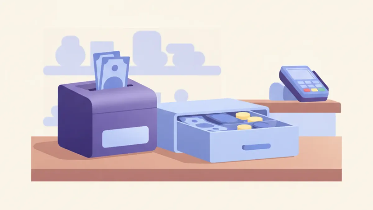Ilustración de un buzón antirrobo de mostrador con una ranura angosta para depositar billetes, ubicado junto al cajón de dinero de un comercio