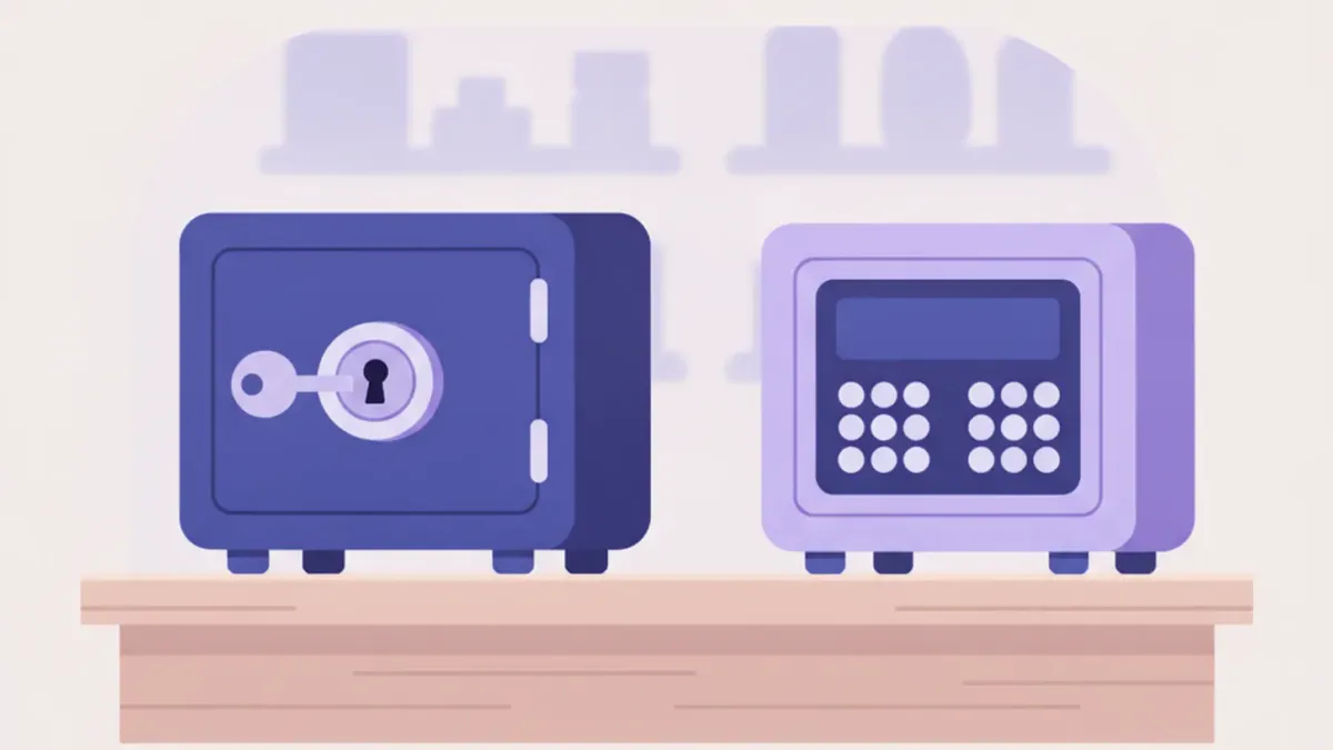 Ilustración comparando dos cajas fuertes de mostrador lado a lado, una con cerradura de llave mecánica y otra con teclado numérico digital