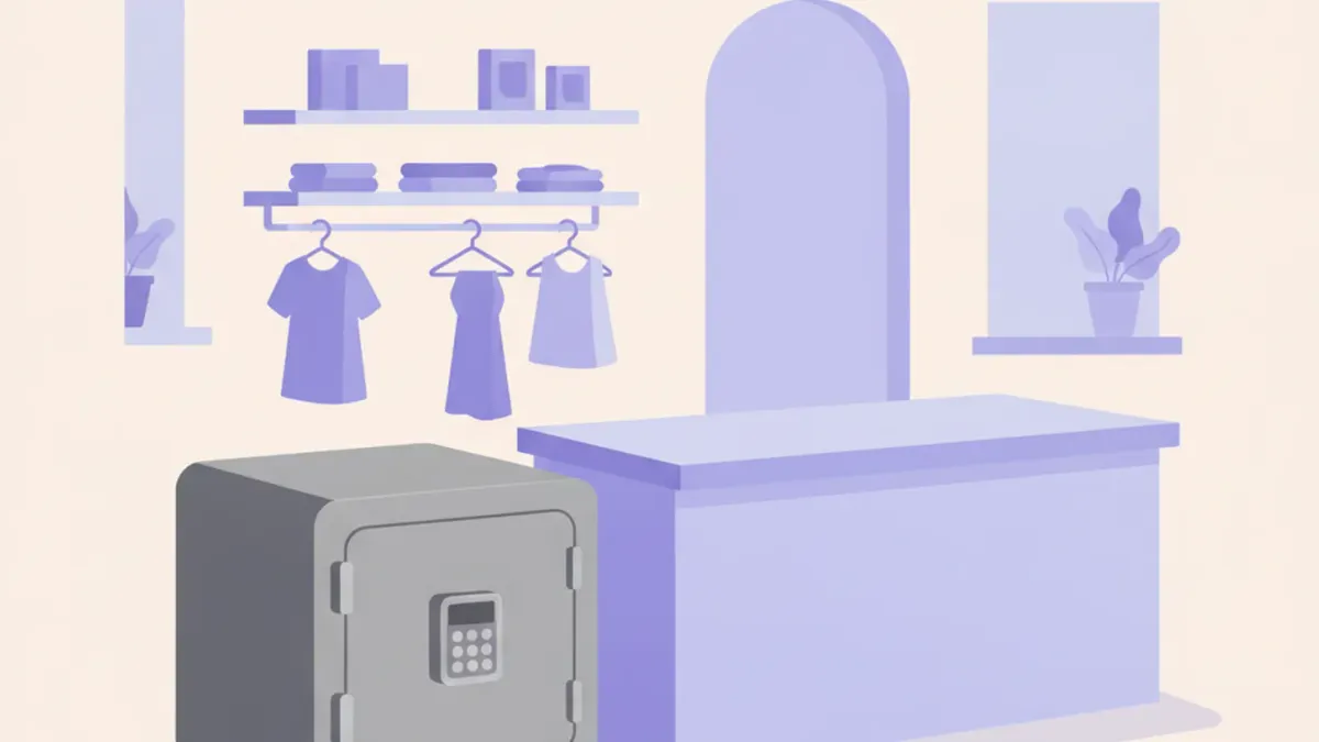 Ilustración de una caja fuerte de sobreponer anclada al piso junto al mostrador de un comercio, con la puerta cerrada y el teclado numérico a la vista